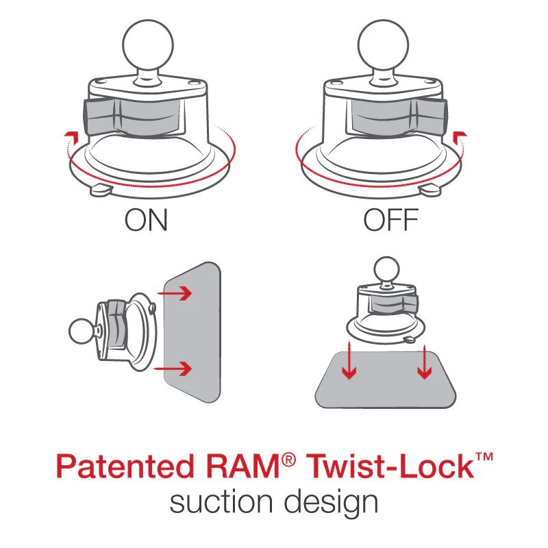 RAM Twist-Lock Suction Cup Double 1" Ball Mount - B Size Medium