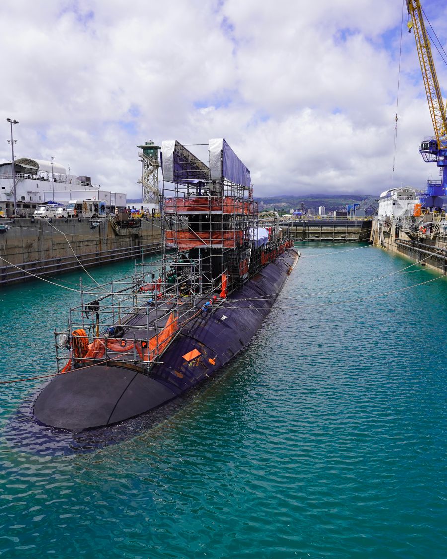 USS Colorado entering Pearl Harbor dry dock for scheduled maintenance