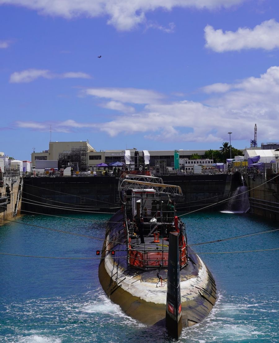 Aft view of USS Colorado positioned in Pearl Harbor dry dock