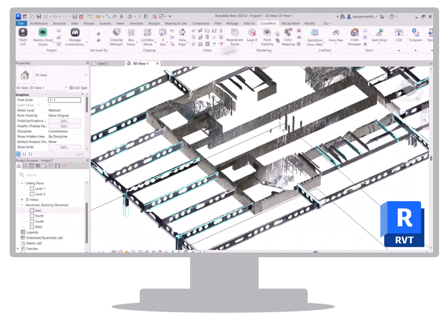 Multiple stakeholders collaborating on shared point cloud data in CAD through cloud connection